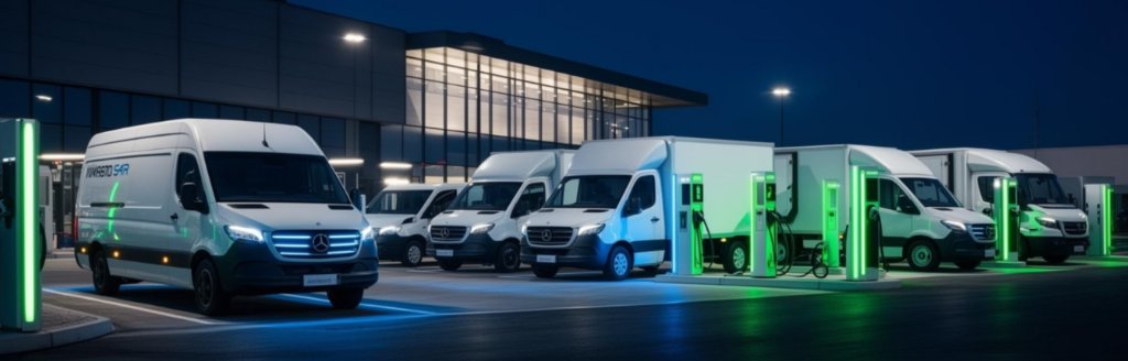 Elektrisch wagenpark wordt geladen op een laadplein